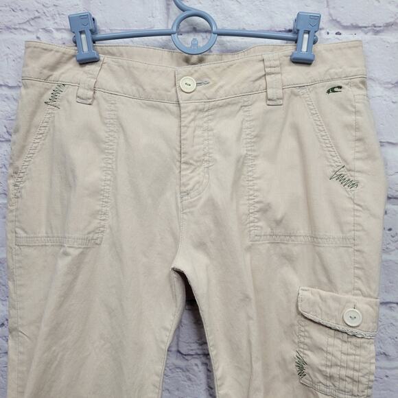 Oneill Capri Cargo Pants Womens 11 Beige Khaki Split Hem Boho Minimalist Coastal - Picture 2 of 10
